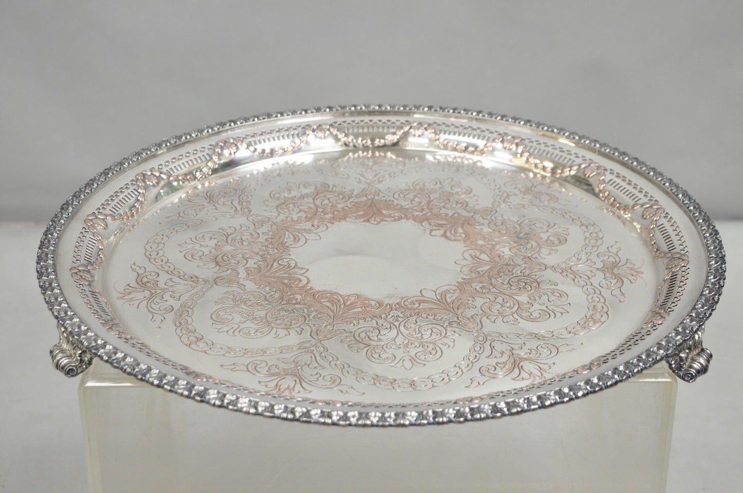 W.K. Cowan & Co 20" Round English Edwardian Silver Plated Footed Salver Tray