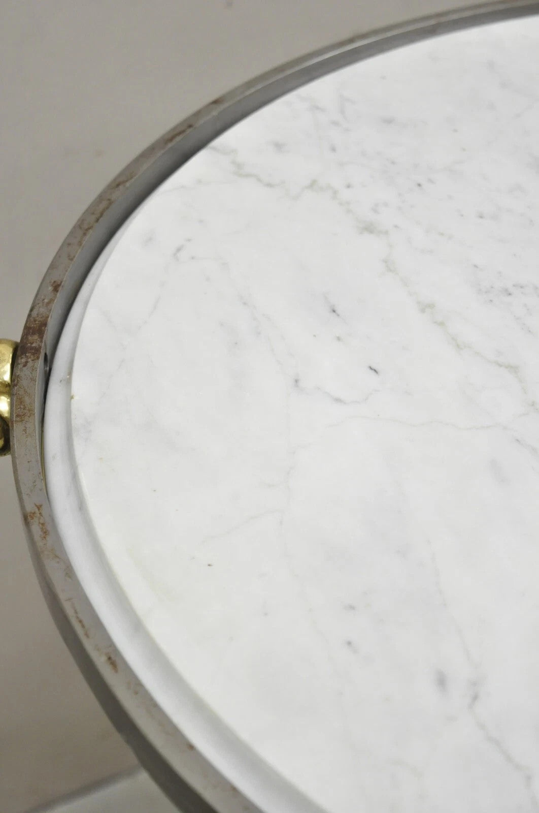 Italian Neoclassical Brass Rams Head Round Marble Steel Gueridon Side Table