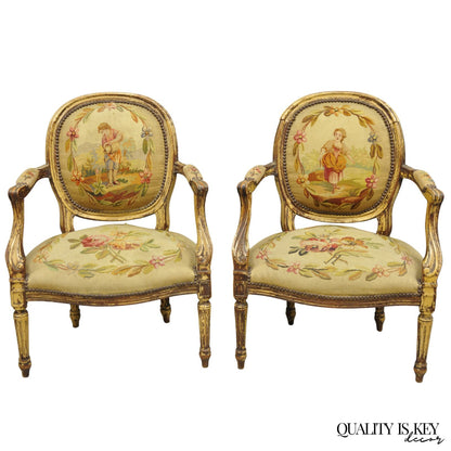 Antique French Louis XVI Style Aubusson Tapestry Fauteuil Arm Chairs - a Pair