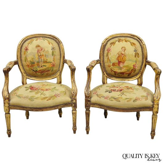 Antique French Louis XVI Style Aubusson Tapestry Fauteuil Arm Chairs - a Pair