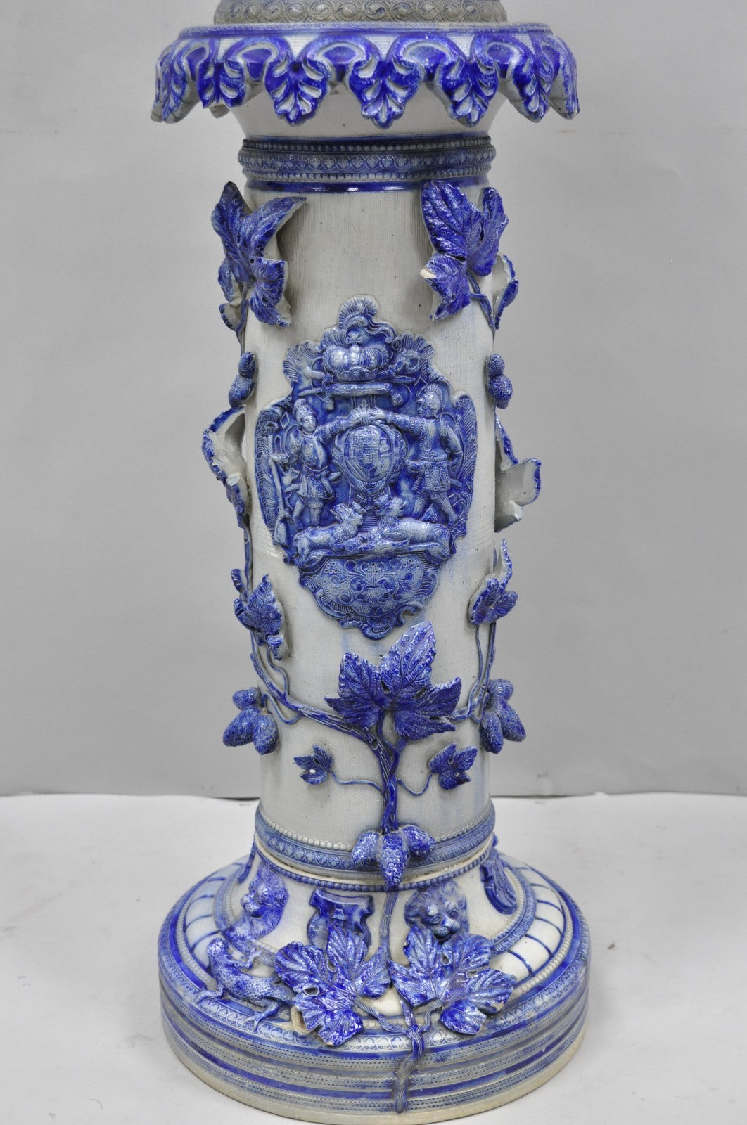 Antique German Westerwald Salt Glaze Stoneware Cobalt Blue Jardiniere & Pedestal