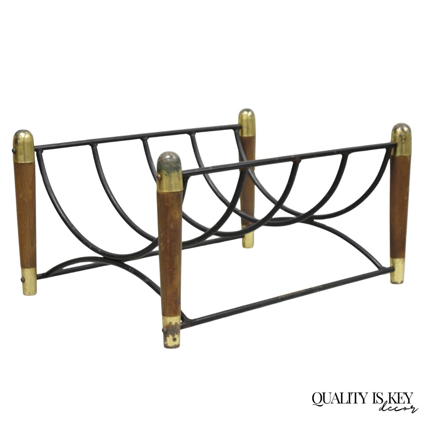 Mid Century Modern Wood & Wrought Iron Magazine Rack Fireplace Log Holder