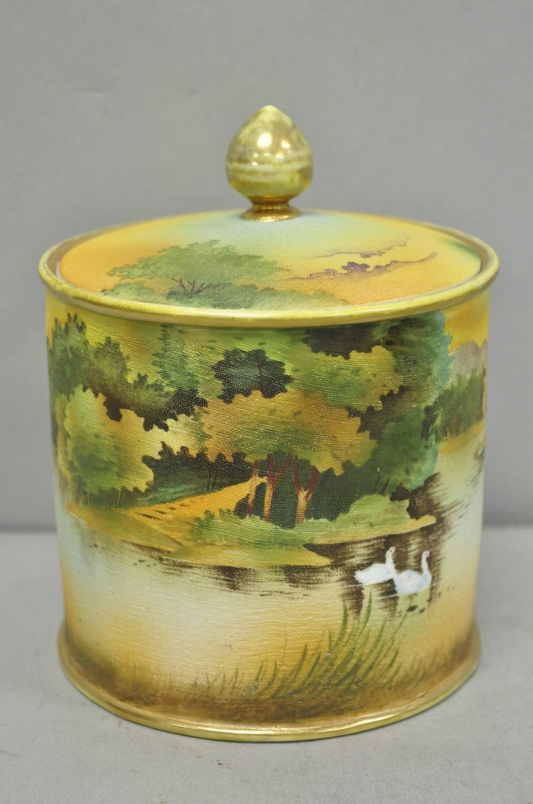 Antique Nippon Hand Painted Coralene Porcelain Lake Duck Scene Biscuit Jar