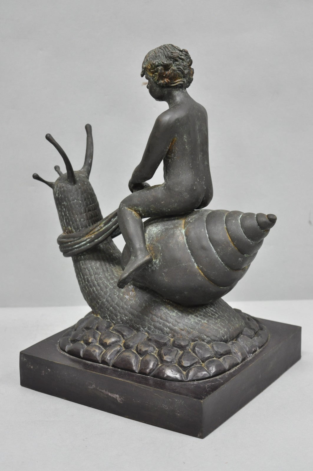 Vintage Mythical Bronze Cherub Riding Snail Sculpture Figure attr Maitland Smith