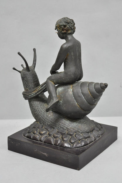 Vintage Mythical Bronze Cherub Riding Snail Sculpture Figure attr Maitland Smith