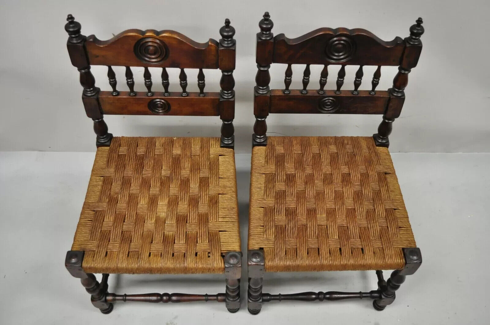 Antique Henry II Walnut Rush Seat Small Children's Child Side Chairs - a Pair