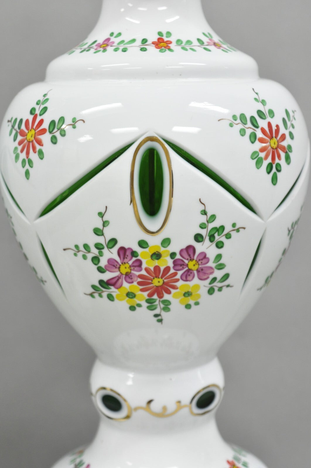 Antique Bohemian Czech Cut to Clear Glass Green and White Table Lamps - a Pair
