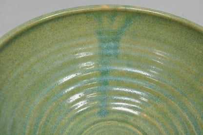 Vintage Primitive Green Glazed Ceramic Pottery Large Mixing Bowl w Handle