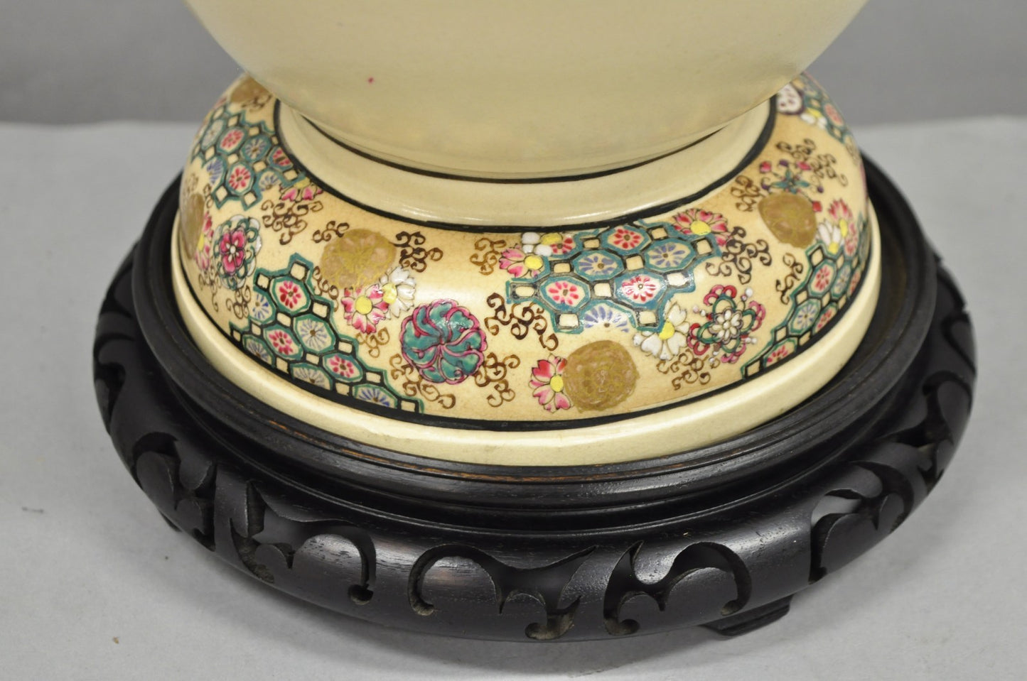 Antique Oriental Oversized Porcelain Satsuma Vase Japanese Table Lamp w/ Geese