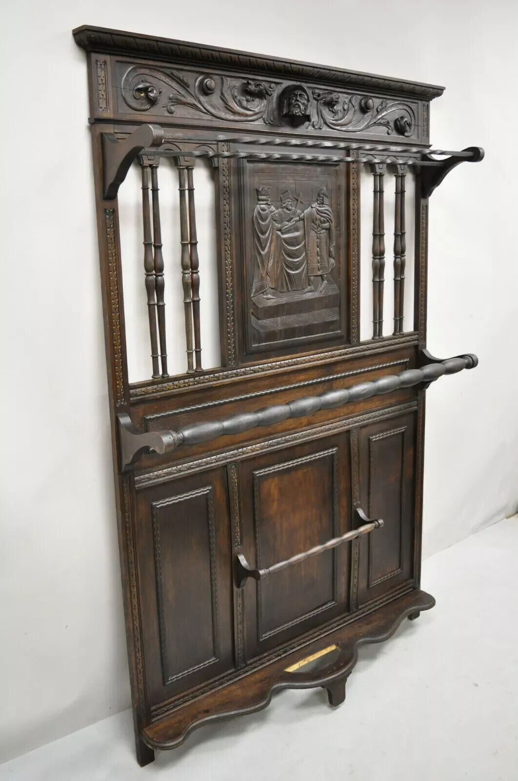 Antique Italian Renaissance Figural Religious Carved Walnut Hall Tree Quilt Rack