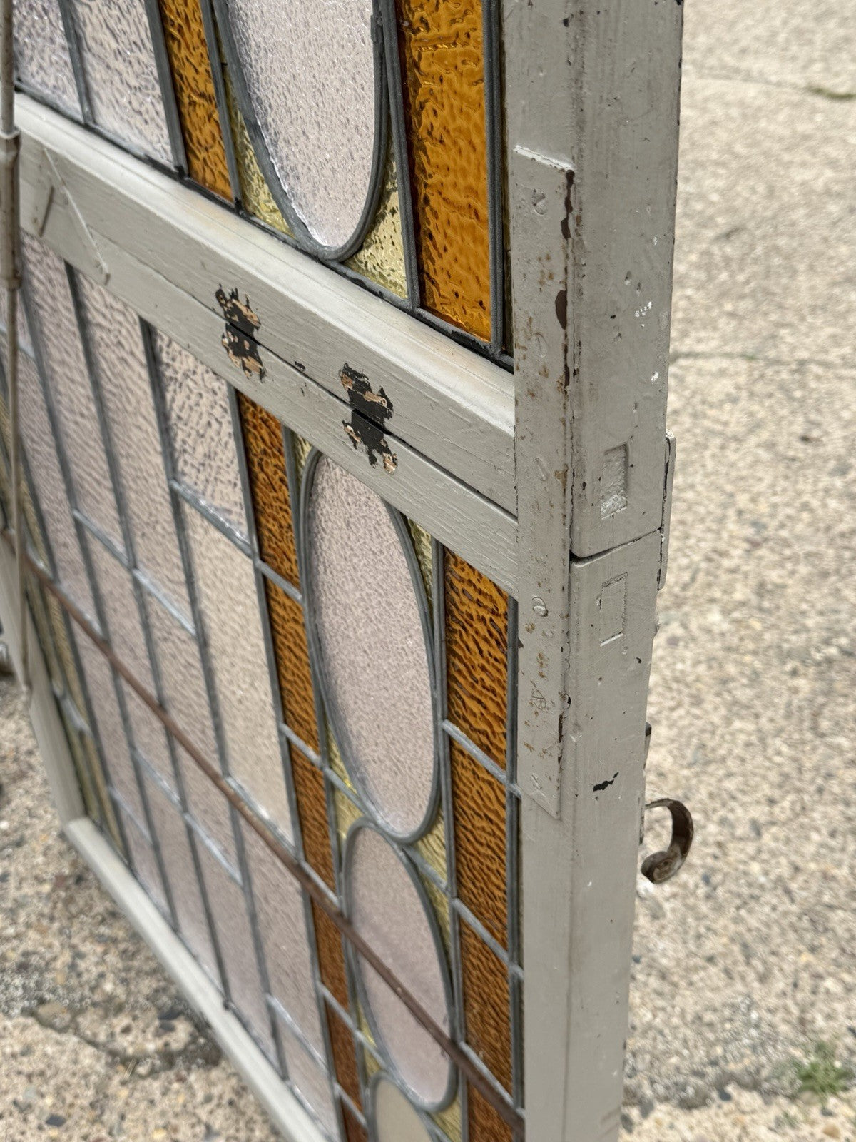 Antique Victorian Amber Stained Leaded Glass Double Window Converted to Door