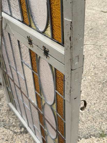 Antique Victorian Amber Stained Leaded Glass Double Window Converted to Door