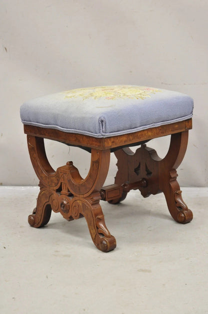 Antique Eastlake Victorian Burl Walnut Carved Curule Footstool Ottoman Stool