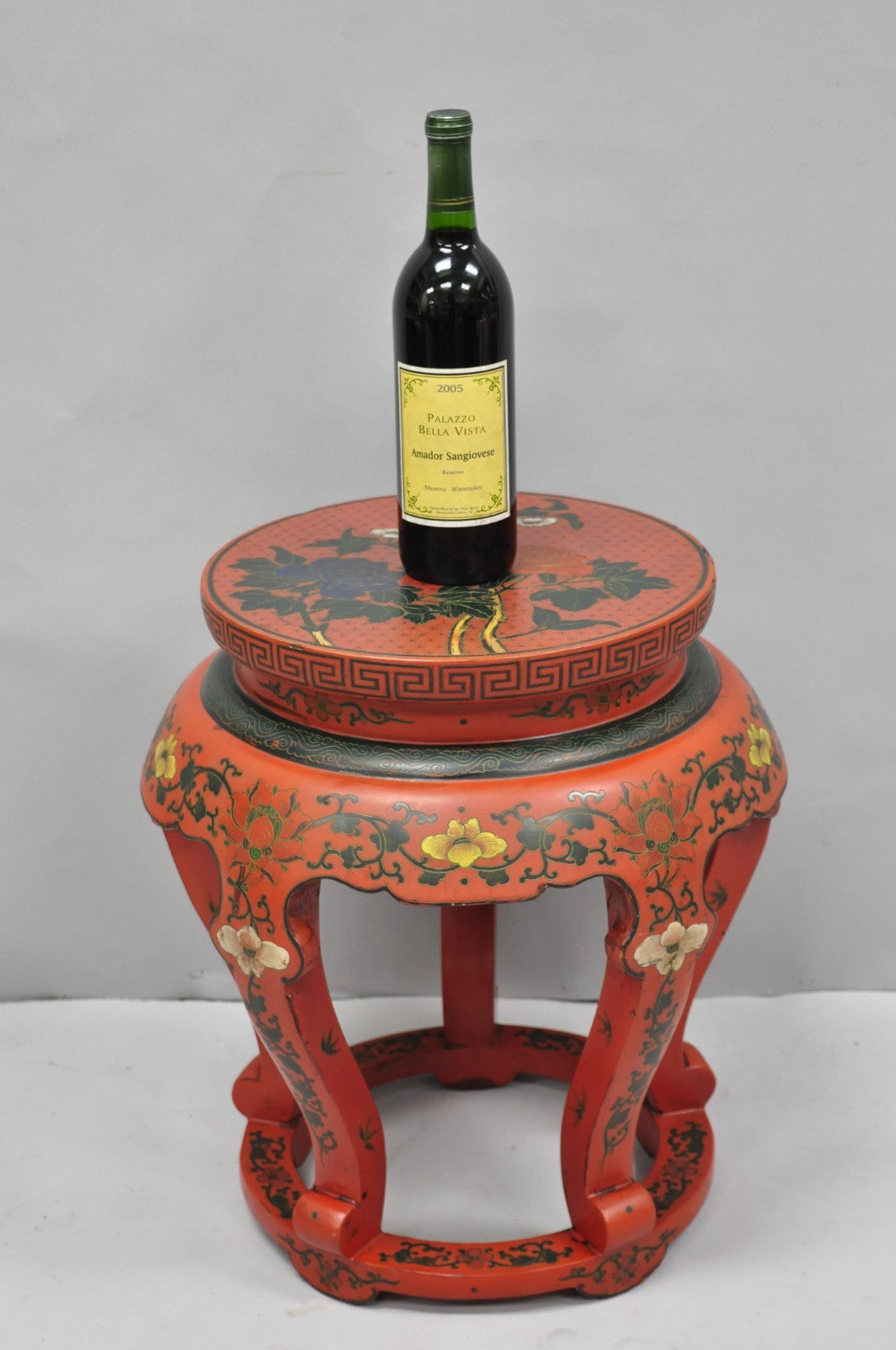 Vintage Chinoiserie Red Lacquer Pedestal Plant Stand Garden Stool Side Table (A)