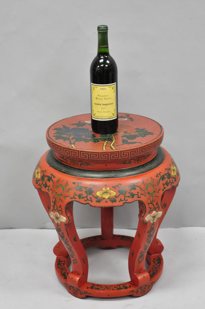 Vintage Chinoiserie Red Lacquer Pedestal Plant Stand Garden Stool Side Table (A)