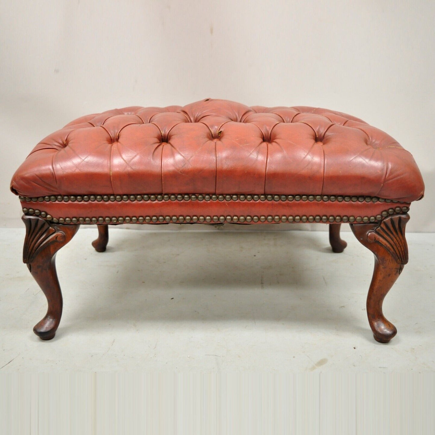 Vtg Brown Leather English Chesterfield Queen Anne Style Tufted Ottoman Footstool