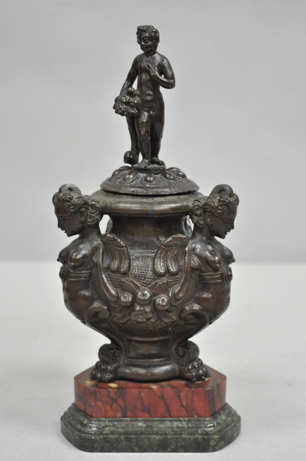 Antique Italian Renaissance Bronze Covered Figural Inkwell on Marble Base