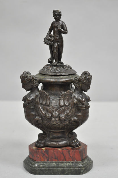 Antique Italian Renaissance Bronze Covered Figural Inkwell on Marble Base