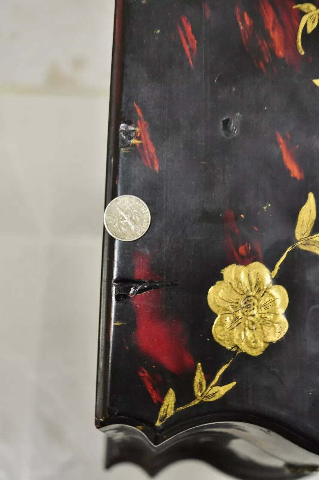 Vintage George III Style Lacquered Wood Hand Painted Butterfly Flower Knife Box
