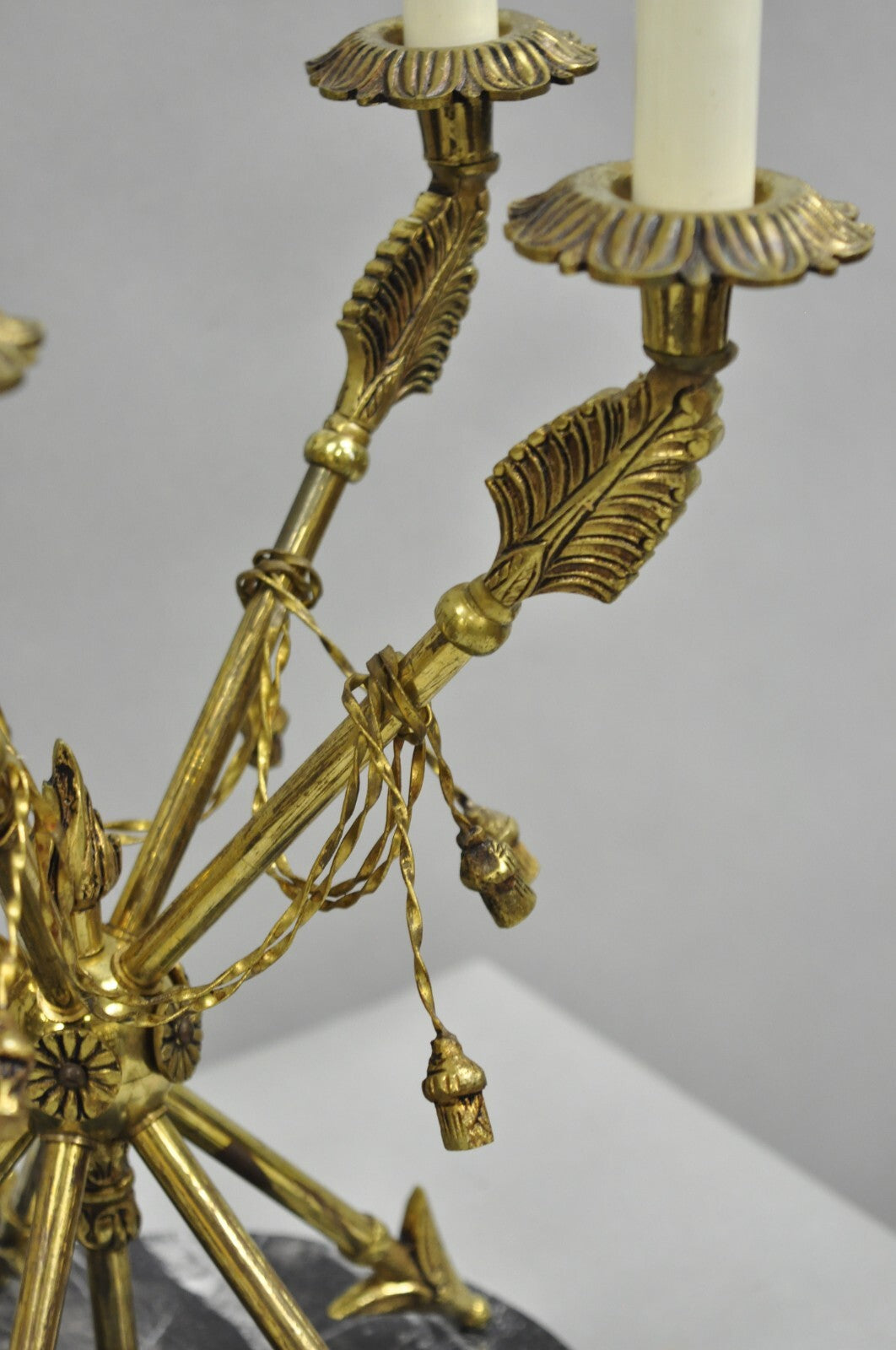 Vintage French Neoclassical Brass "Arrow" Marble Candelabra Table Lamps - a Pair