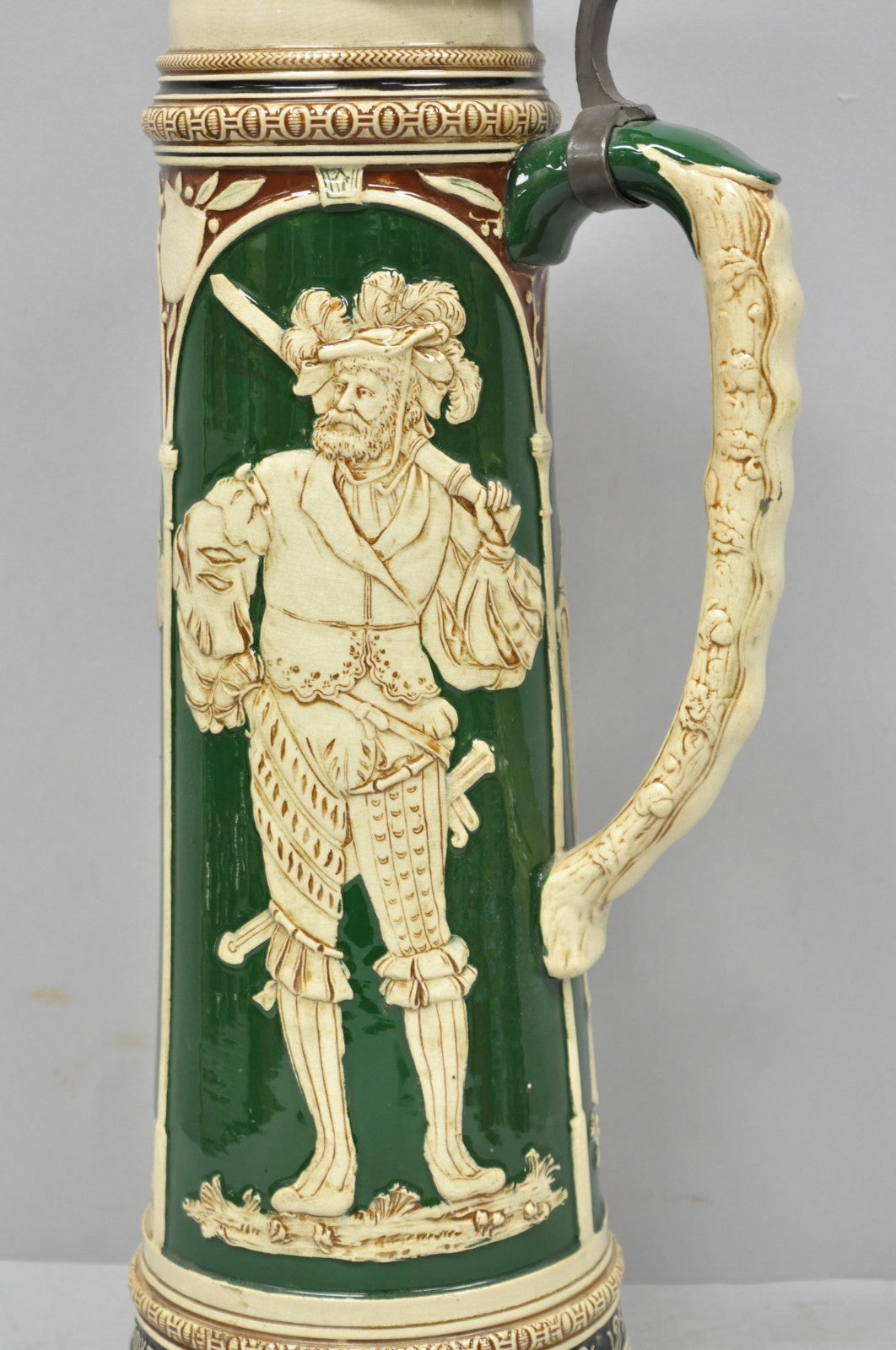 Antique German XL 20" Tall Figural Green Stoneware Beer Stein Tankard Mug w/ Lid