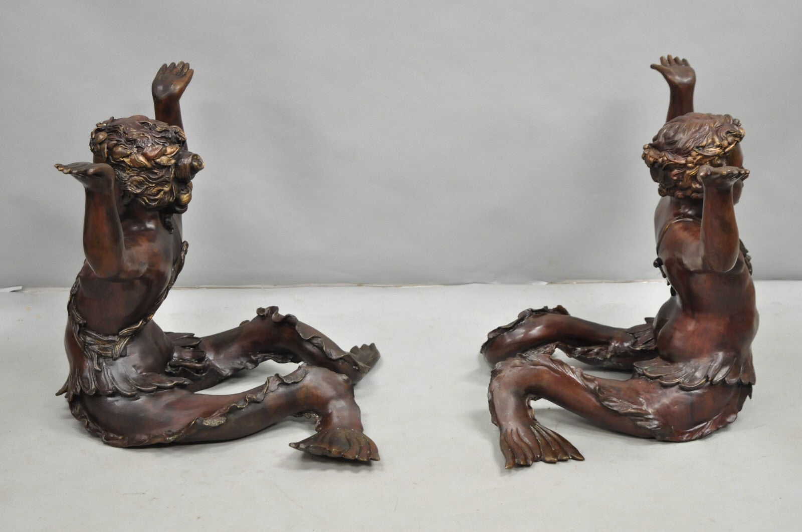 Vintage French Neoclassical Figural Bronze Merman Mermaid Glass Top Coffee Table