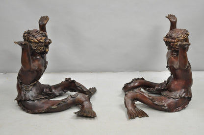 Vintage French Neoclassical Figural Bronze Merman Mermaid Glass Top Coffee Table