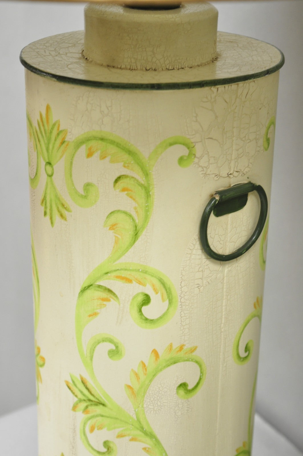 French Country Cream & Green Distressed Tole Metal Cylinder Table Lamps - a Pair