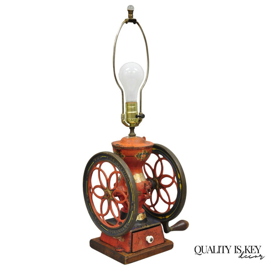 Antique Victorian Enterprise Phila. Red Cast Iron Coffee Mill Grinder Table Lamp