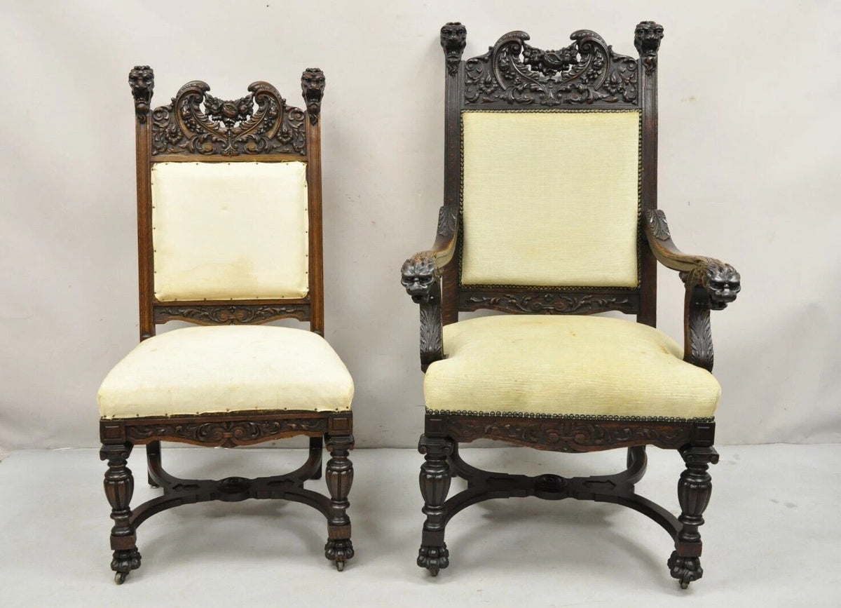 RJ Horner Attr Renaissance Figural Lion Carved Oak Wood Dining Chairs - Set of 6
