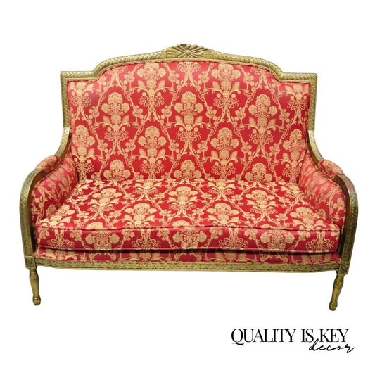 French Louis XVI Style Gold Red Upholstered Settee Sofa Loveseat Decorator Chair