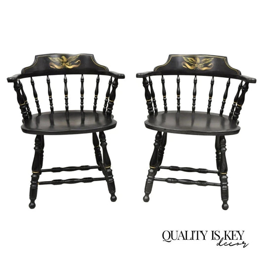 Vintage S. Bent & Bros Black Painted Eagle Colonial Pub Arm Chairs - a Pair