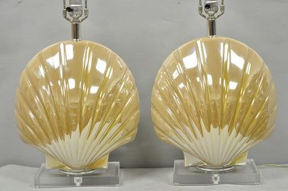 Mid Century Modern Iridescent Gold Ceramic Pottery Clam Shell Table Lamp - Pair