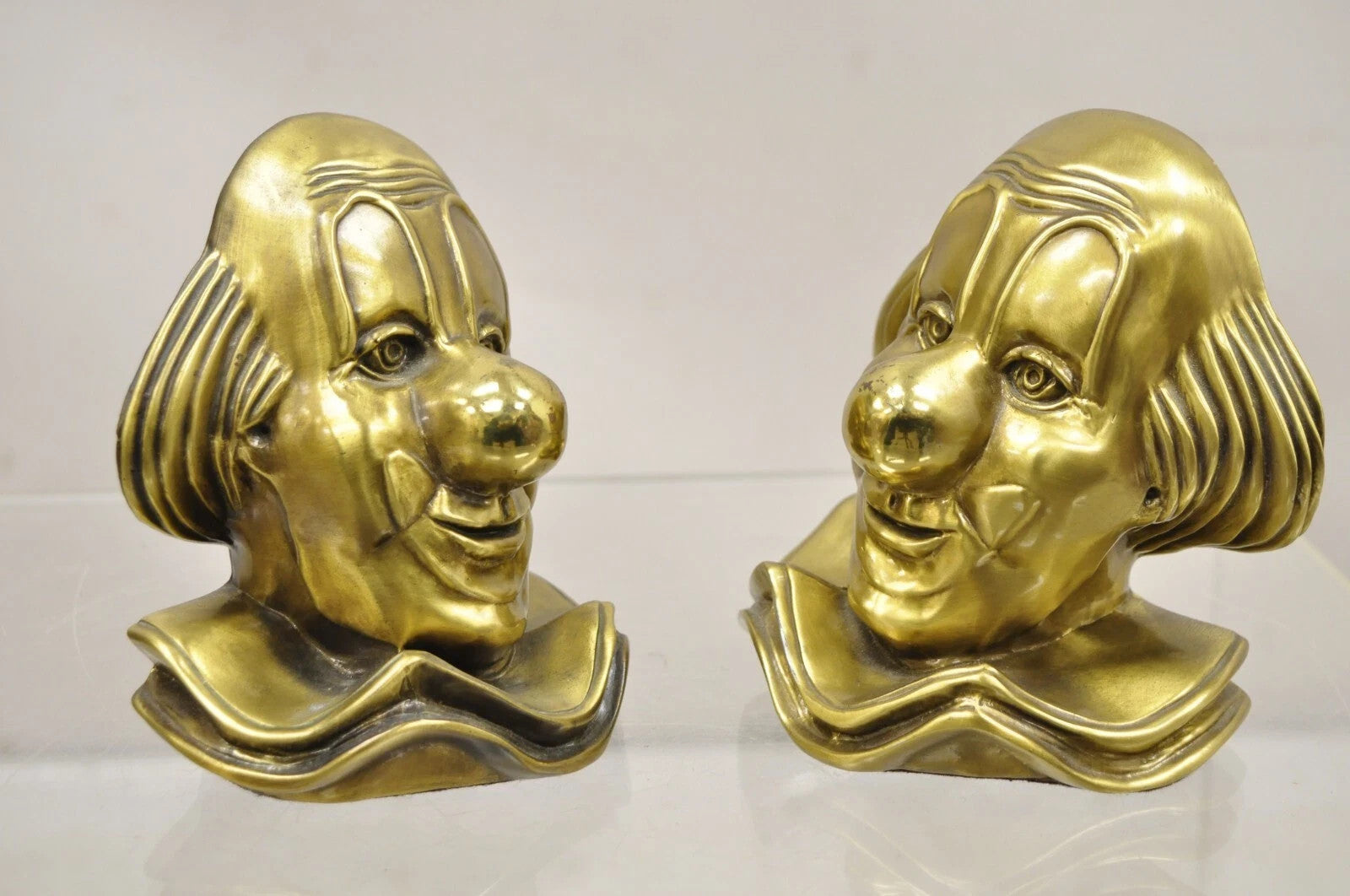 Vintage PM Craftsman Art Deco Brass Figural Clown Head Bookends - A Pair