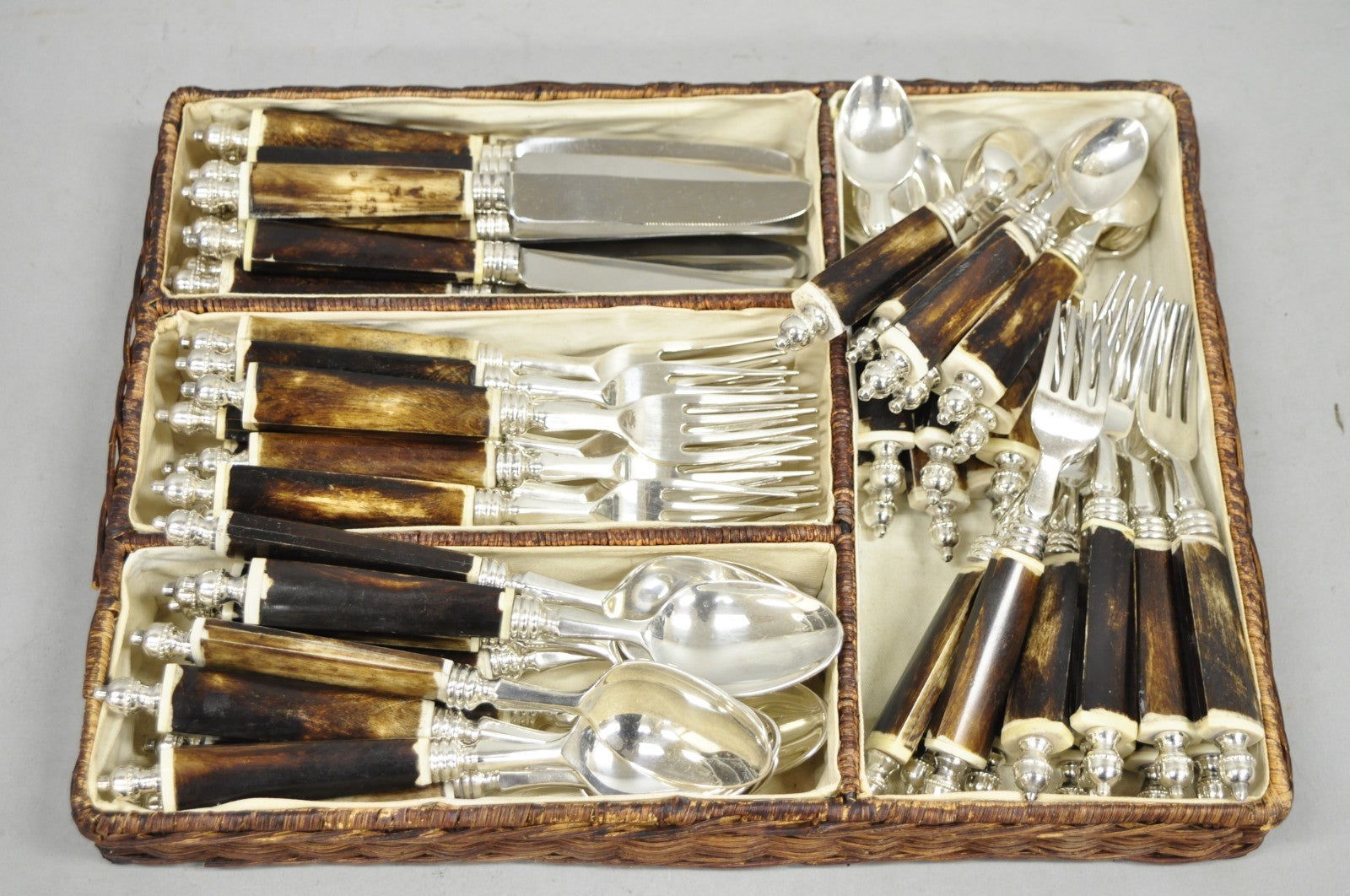 Vintage Hollywood Regency Faux Horn Handle Silver Flatware (5 pc) Set Svc for 12