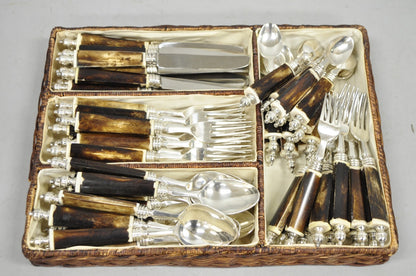 Vintage Hollywood Regency Faux Horn Handle Silver Flatware (5 pc) Set Svc for 12