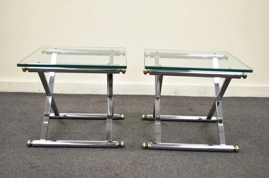 Mid Century Modern Hollywood Regency Chrome Brass Glass X Form Side Table - Pair