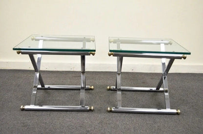 Mid Century Modern Hollywood Regency Chrome Brass Glass X Form Side Table - Pair