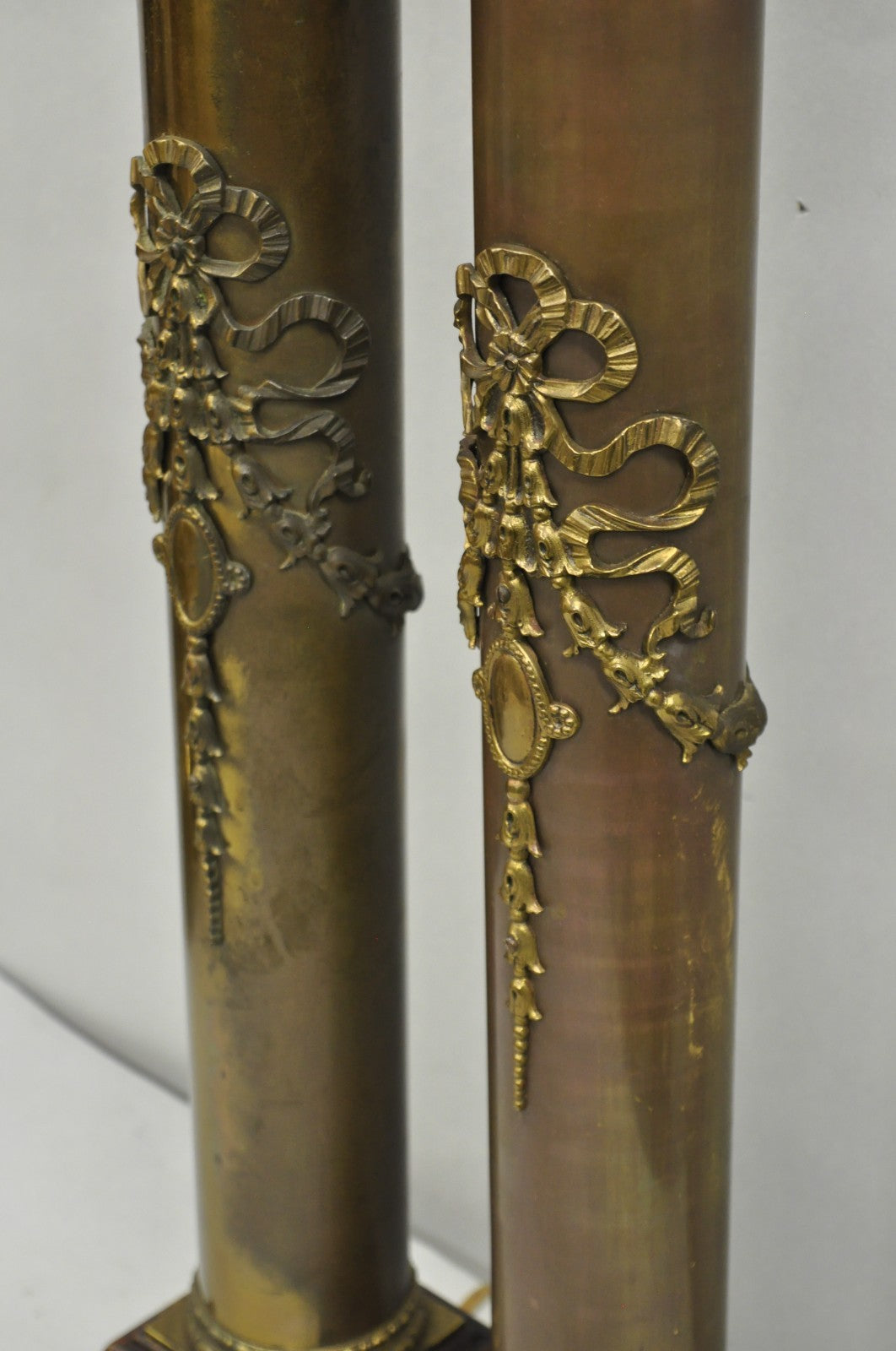 Antique French Empire Neoclassical Bronze Cylinder Tall Table Lamps - a Pair