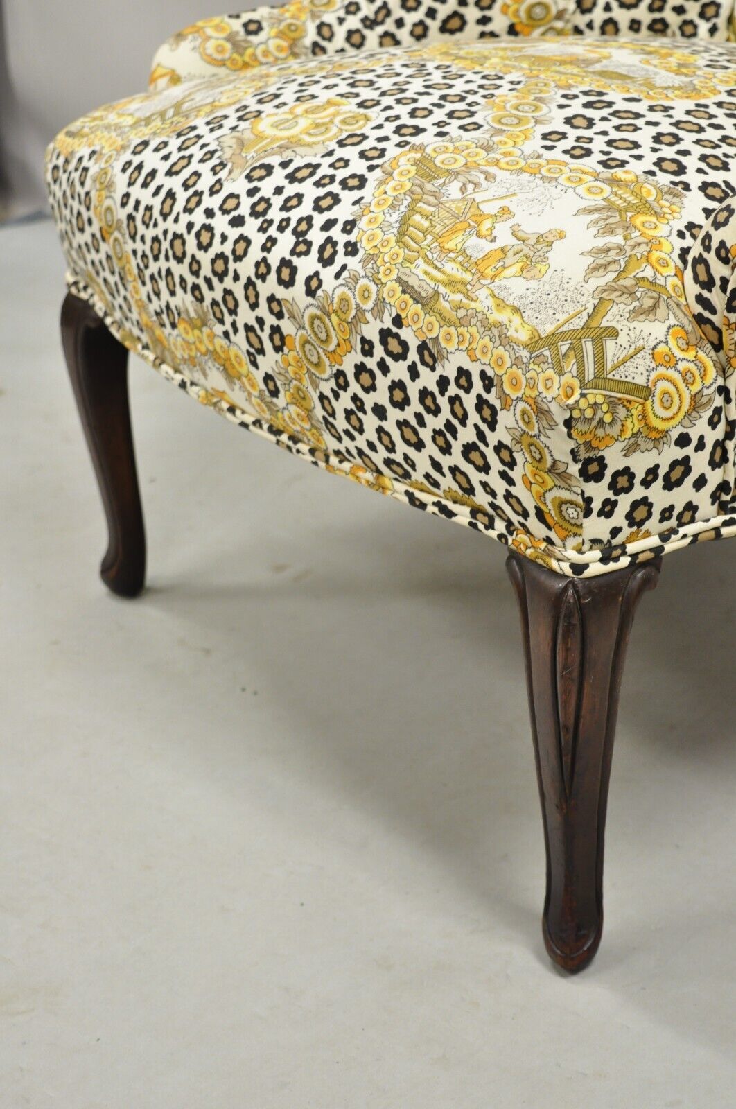 Vintage Napoleon III Tufted Slipper Lounge Chair w/ Leopard Chinoiserie Fabric