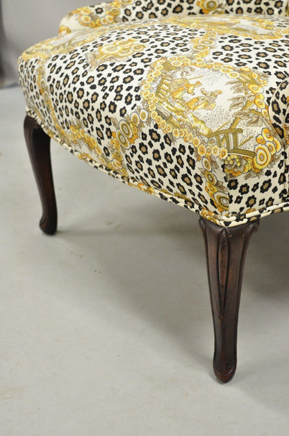 Vintage Napoleon III Tufted Slipper Lounge Chair w/ Leopard Chinoiserie Fabric