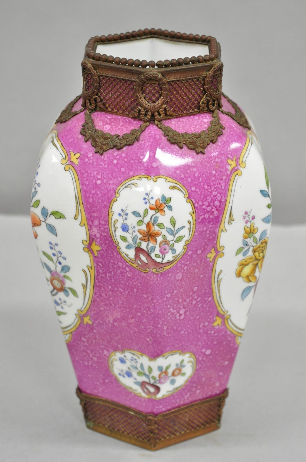Antique Chinoiserie Pink French Porcelain German Ormulu Bird Painted Vase