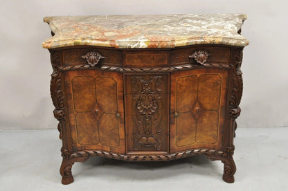 Antique French Louis XV Baroque Burl Walnut Marble Top Commode 5 Drawer Dresser