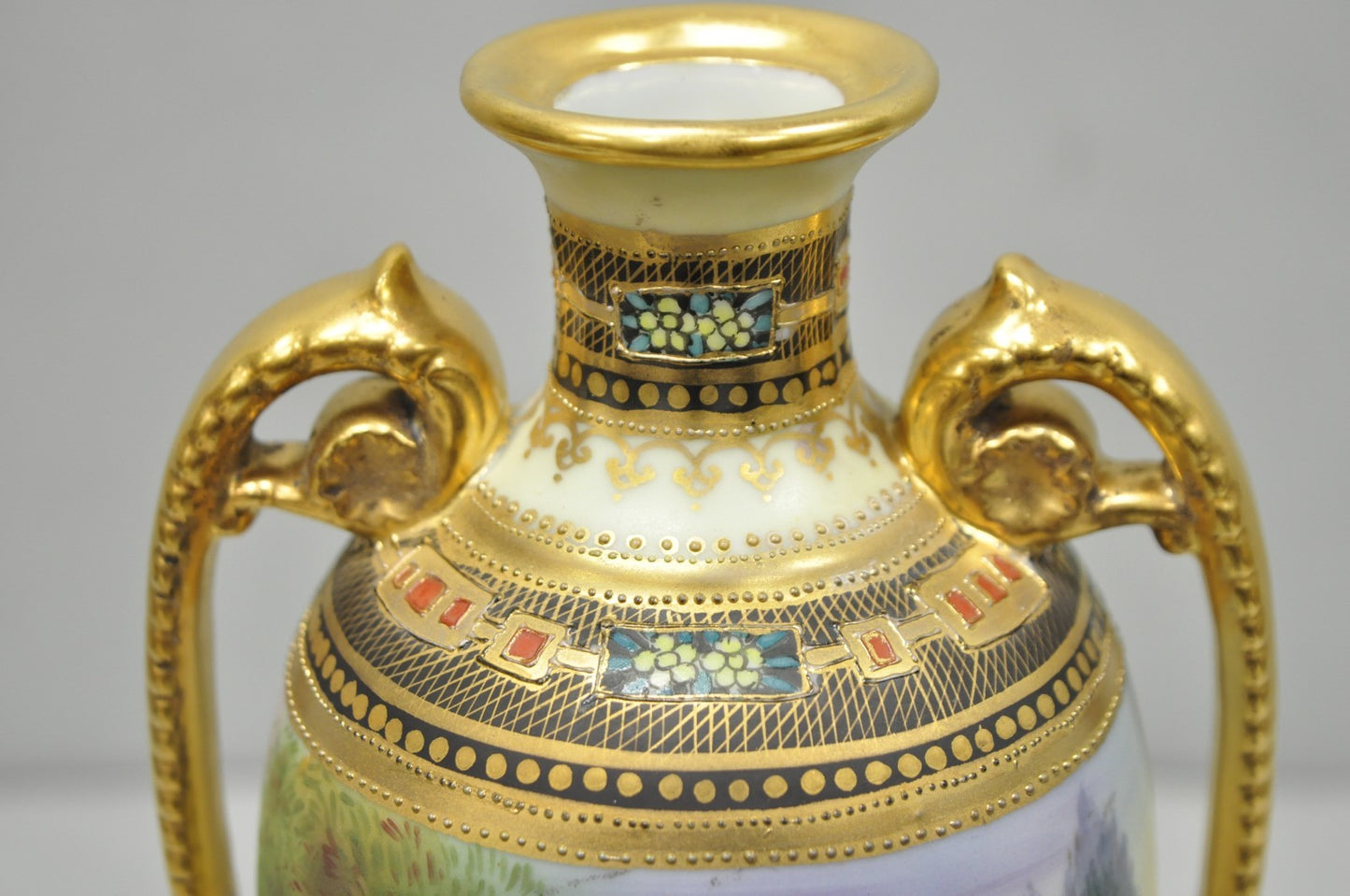 Antique Nippon Hand Painted Twin Handled Gold Gilt Lake & Swan Scene Bolted Vase