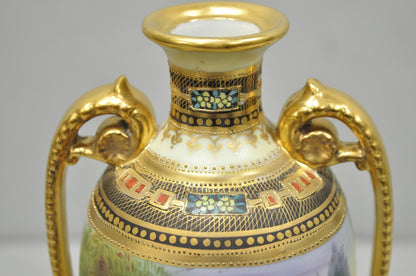 Antique Nippon Hand Painted Twin Handled Gold Gilt Lake & Swan Scene Bolted Vase