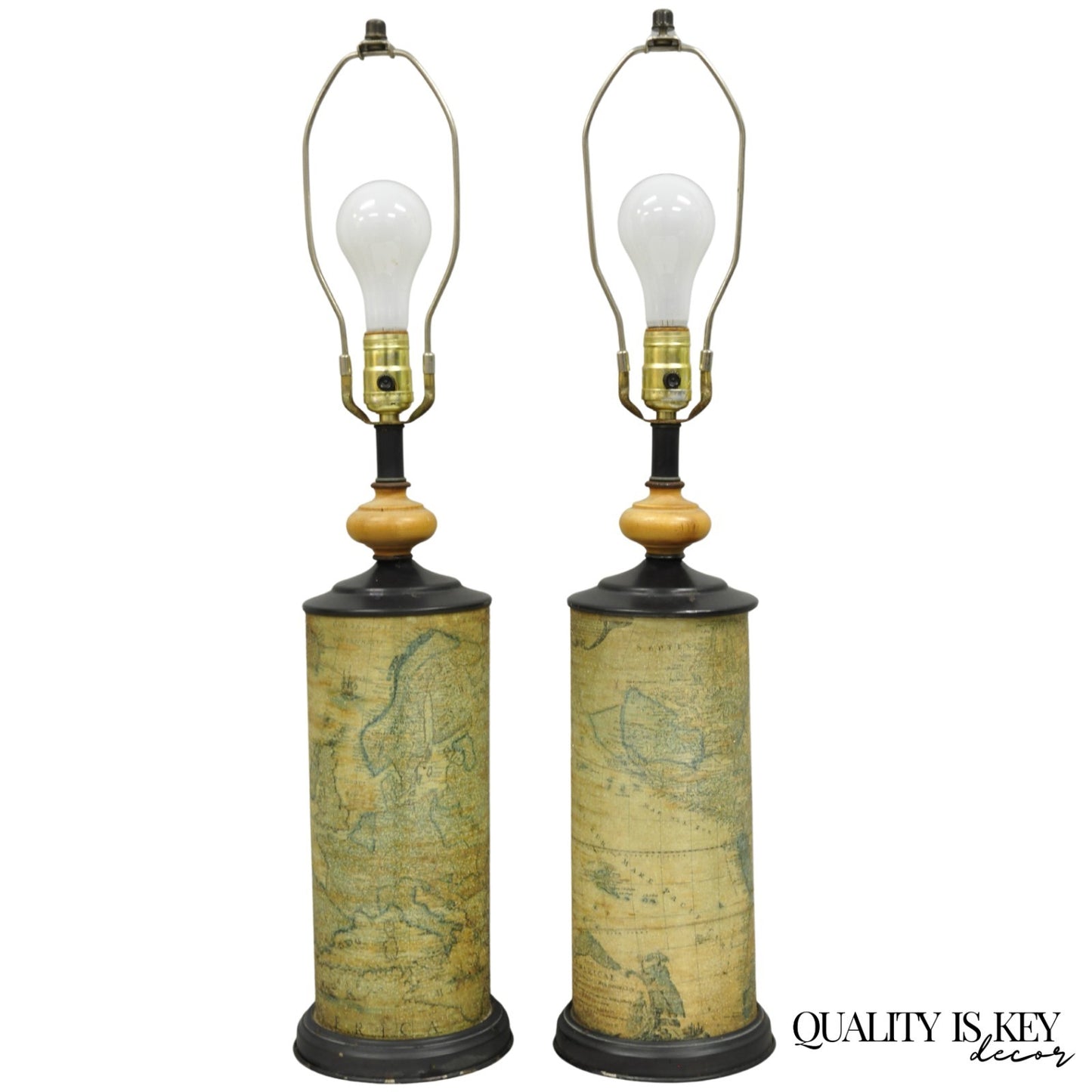 Vintage Regency Style European Old World Map Wrapped Cylinder Table Lamps - Pair