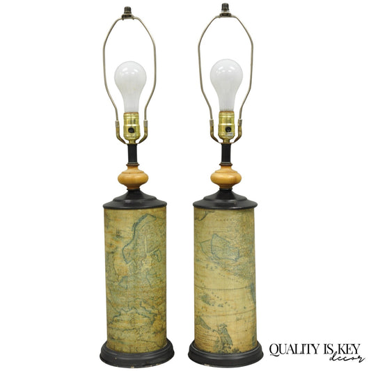 Vintage Regency Style European Old World Map Wrapped Cylinder Table Lamps - Pair