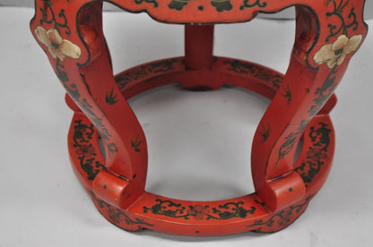 Vintage Chinoiserie Red Lacquer Pedestal Plant Stand Garden Stool Side Table (A)