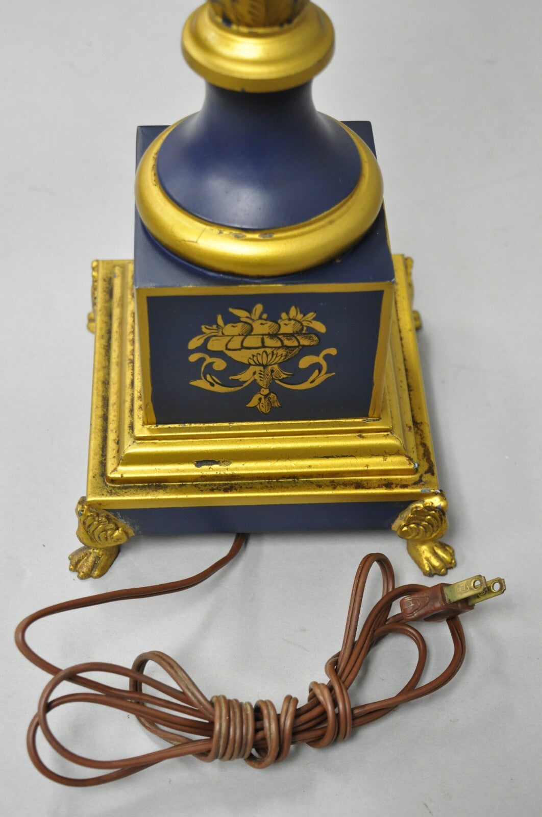 Vintage French Empire Blue Tole Metal Gold Swan Painted Urn Form Table Lamp