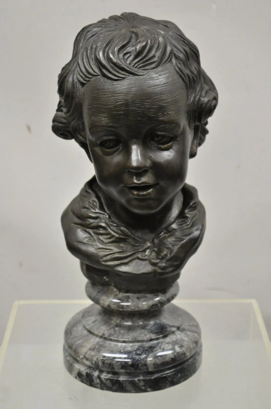 Maitland Smith Victorian Style 19" Bronze Boy Bust Head Sculpture on Marble Base
